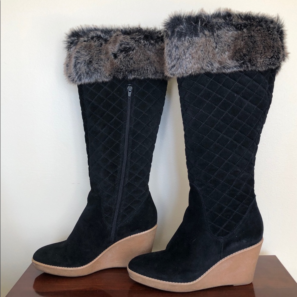 Black Suede Wedge Boots With Faux Fur